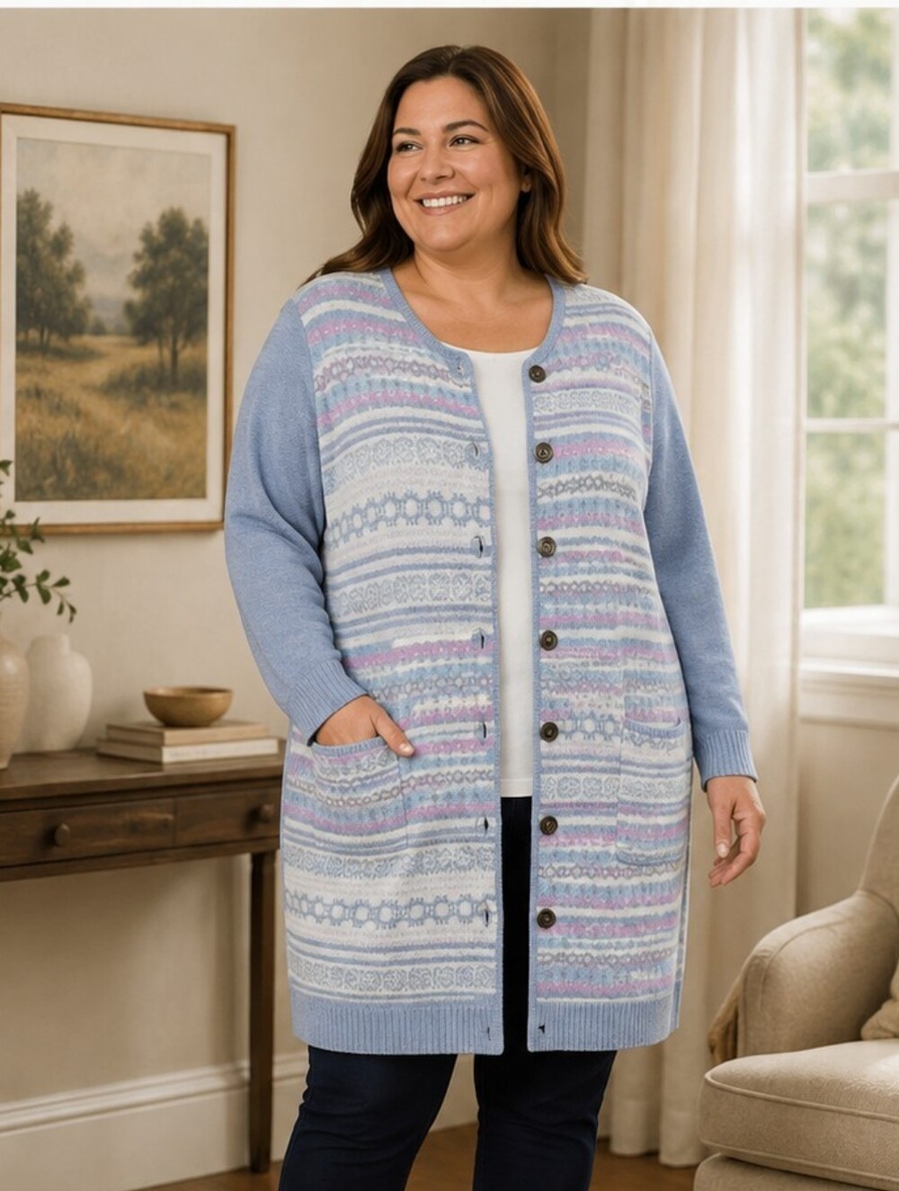 C.J. Banks Womens Plus Size Long Cardigan  1X Grandma Preppy Vintage